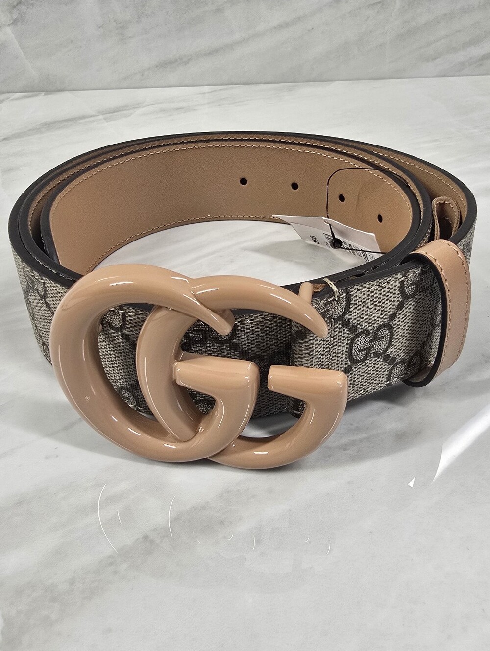 Gucci Beige GG Canvas Belt with Nude Double-G Buckle